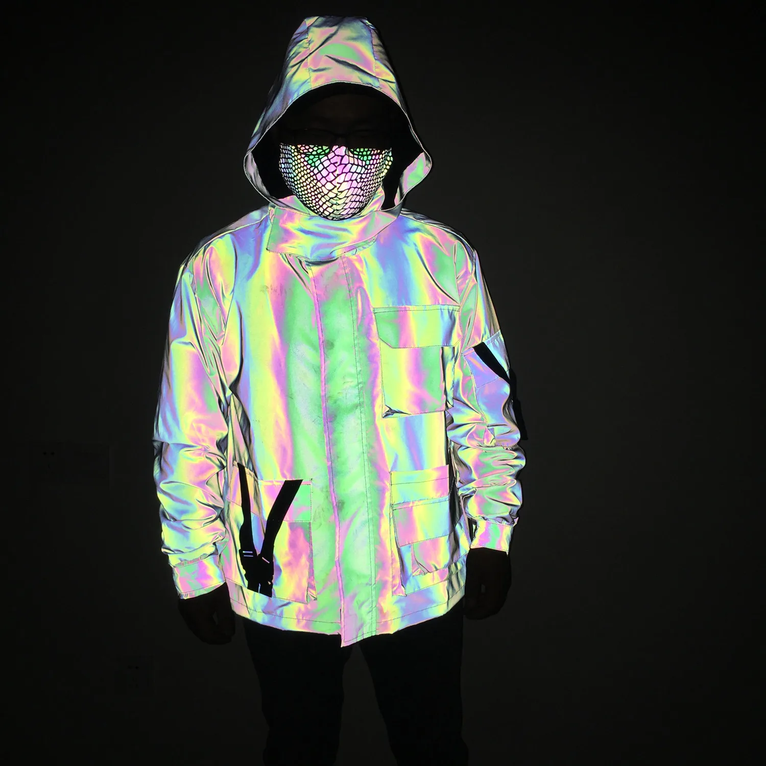 2023 Men\'s Holographic Reflective Colorful Rainbow Zipper Hooded Cargo Jacket Windbreaker Coat