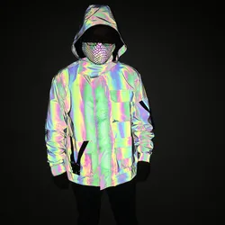 2023 Men's Holographic Reflective Colorful Rainbow Zipper Hooded Cargo Jacket Windbreaker Coat