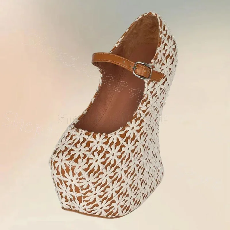 Beige Floral Print Strange Style Heels Pumps Buckle Strap Women Shoes Round Toe Party Banquet Dating 2026 Zapatos Para Mujere
