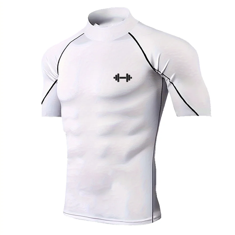 薄型通気性弾性フィットネス Tシャツジム筋トレタートルネックタイト半袖メンズランニングスポーツトップ S-3XL