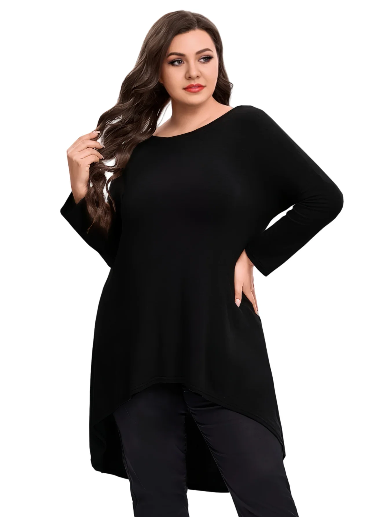 Womens Plus Size Long Sleeve Hi Low Tunic Tops Long Loose Fit Flare Basic Swing Blouse Tops Shirt For Leggings