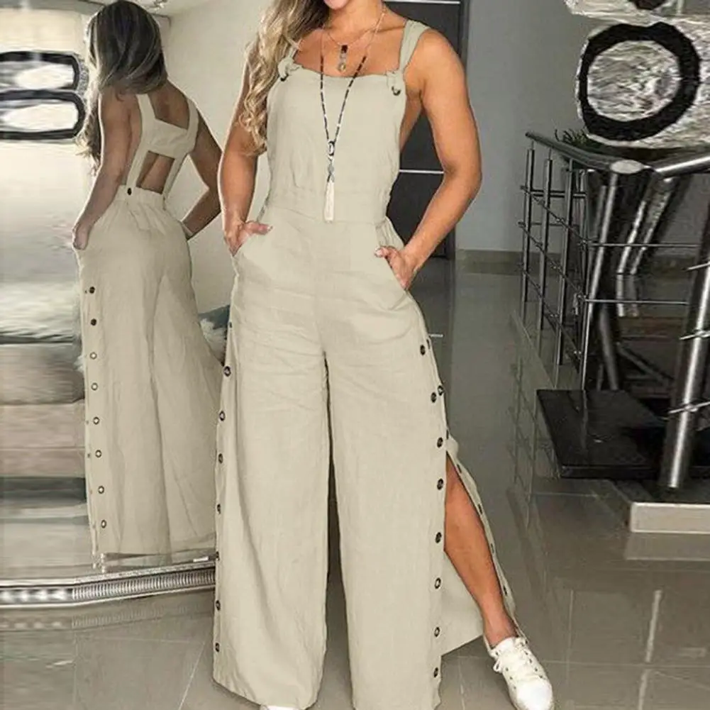 Women's Wide Leg Jumpsuit with Side Pockets And Button Closure Sleeveless Overall Loose Straight-Leg Romper Summer Outfit