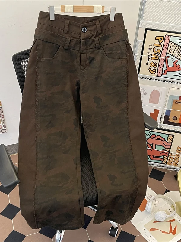 

Military Green Womens Jeans High Waist Vintage Straight Baggy Y2K Denim Pants Hip Hop American Fashion Wide Leg Denim Trouser