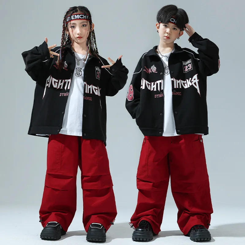 

Kid Cool Hip Hop Clothing Black Letters Print Shirt Jacket Red Casual Wide Ruched Baggy Pants for Girl Boy Dance Costume Clothes