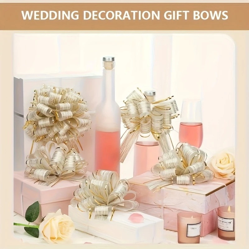 

8pcs White and Golden Striped Ribbon Bows | Heavy-Duty Plastic Large Leaf Tip Design for Wedding, Party Decorations - Durable