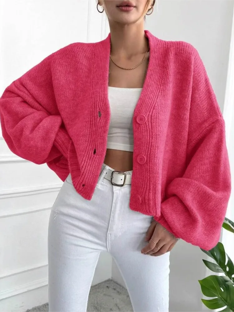 秋冬カーディガン女性のカジュアルルーズ V ネックランタンスリーブニットセーターファッションシングルブレスト通勤服