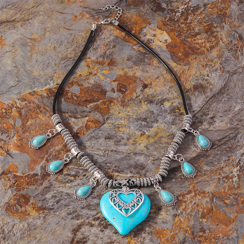 Aihua Böhmen Türkis Stein Herz Halskette für Frauen Halsband Collier Femme Ethnische Tibetischen Silber Halsketten Aussage Schmuck – Detail 2