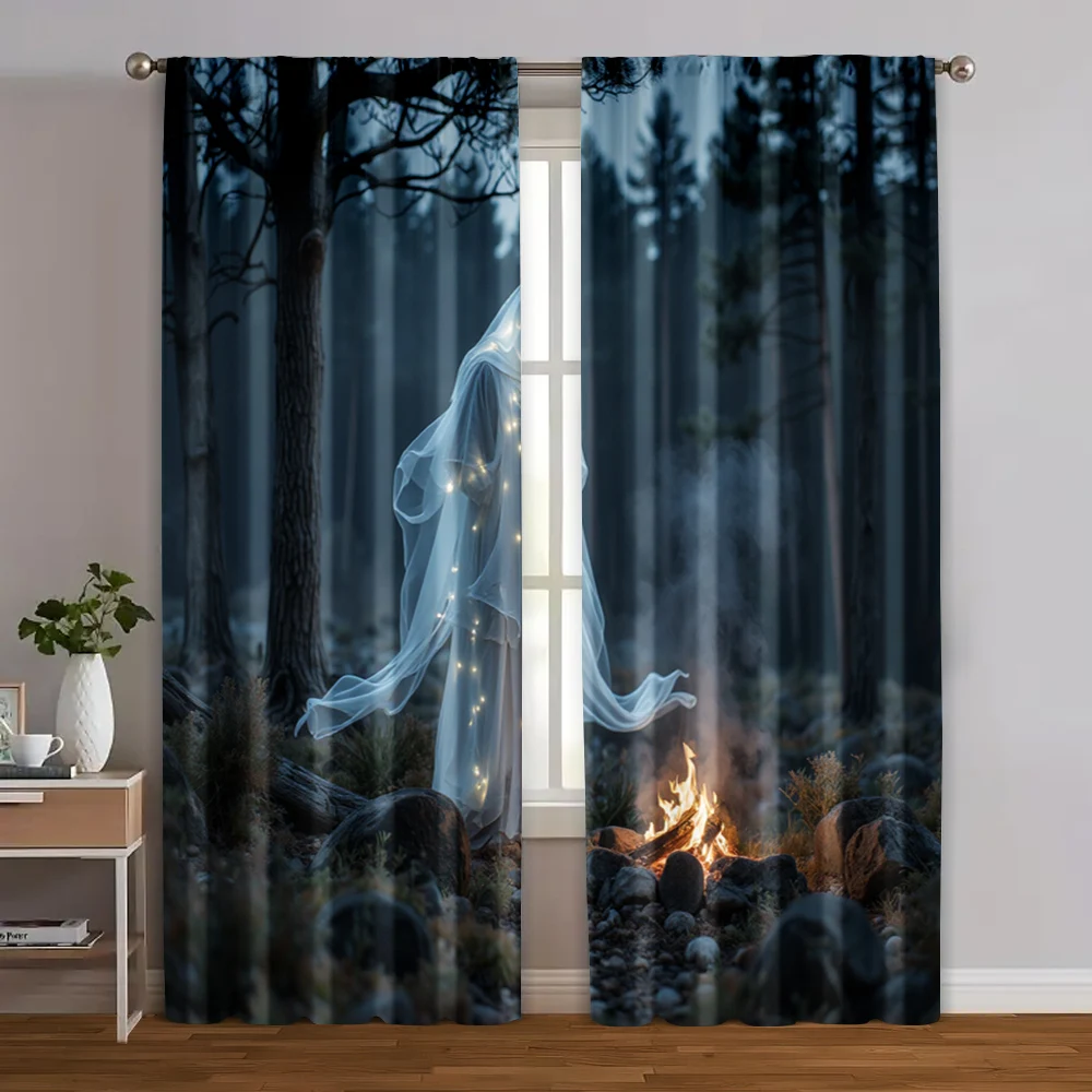 

2pcs, Contemporary Curtains Ghost by Campfire in Forest Durable Polyester (without rod) Decorations Inside for Bedroom & Living