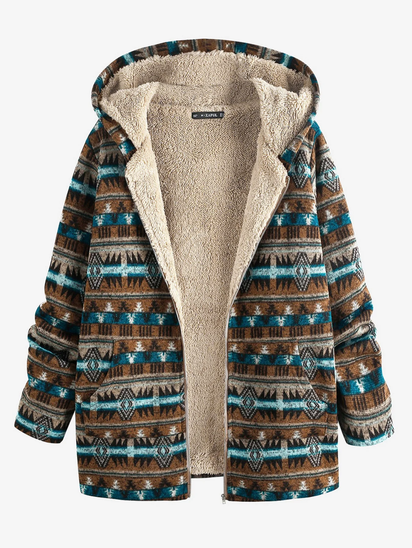 ZAFUL Women Coat Tunic Pocket Fluffy Tribal Print Ethnic Aztec Faux Granola Fake Fur 2024 new on offer clearance free shipping