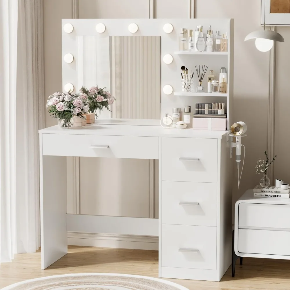 

Vanity Desk with Mirror, 10 Lights, Power Outlet and 3 Storage Shelves, Makeup Table with 4 Drawers, 3 Color Modes, for