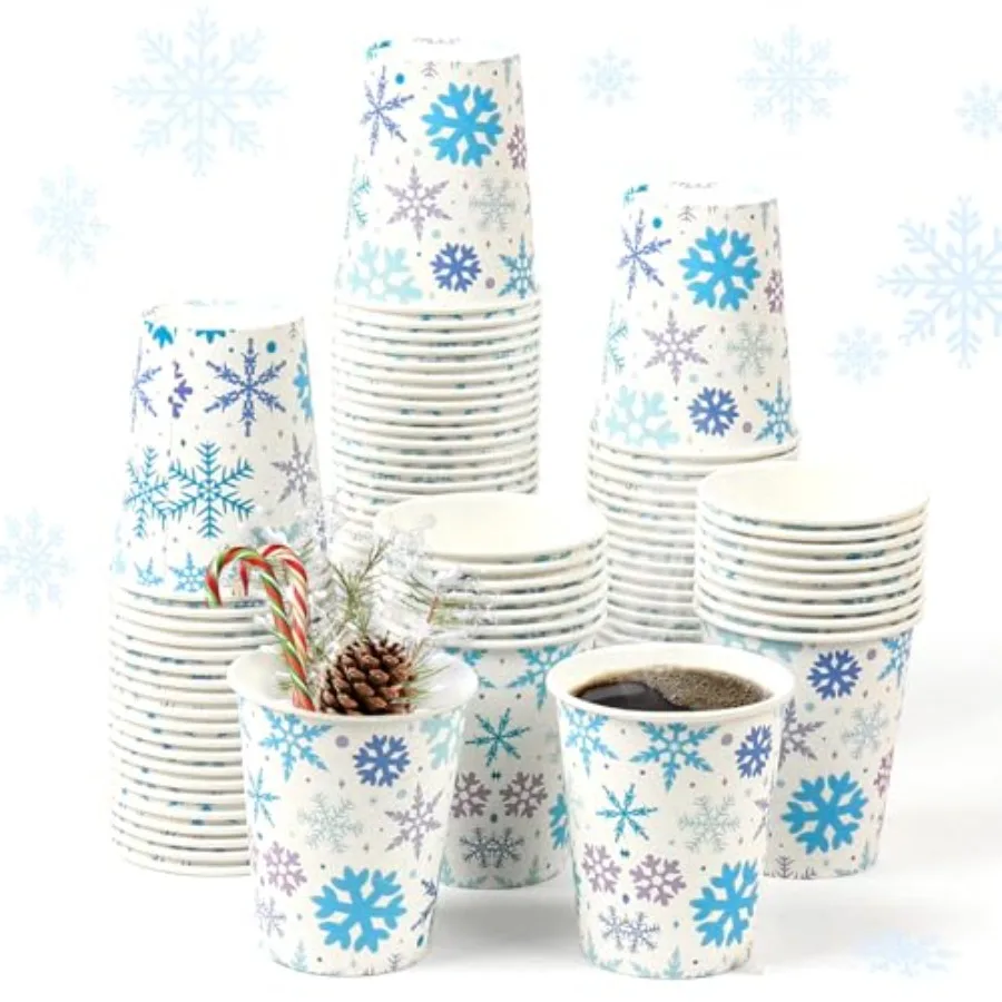 

100PCS 9Oz Christmas Snowflake Paper Cups for Winter Holiday Parties Disposable Coffee and Tea Cups with Festive Snowflake Desi