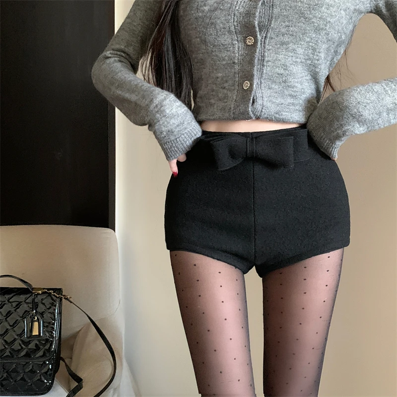 Bow tie woolen shorts for women 2024 autumn winter new high waist with boots hot pants slim pants