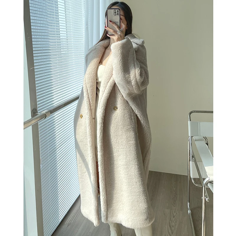 Sheepskin Coat for Women Winter Warm Soft Cashmere Manteau Femme Loose Oversize Double-breasted Pocket Long Beige Lamb Fur Coats