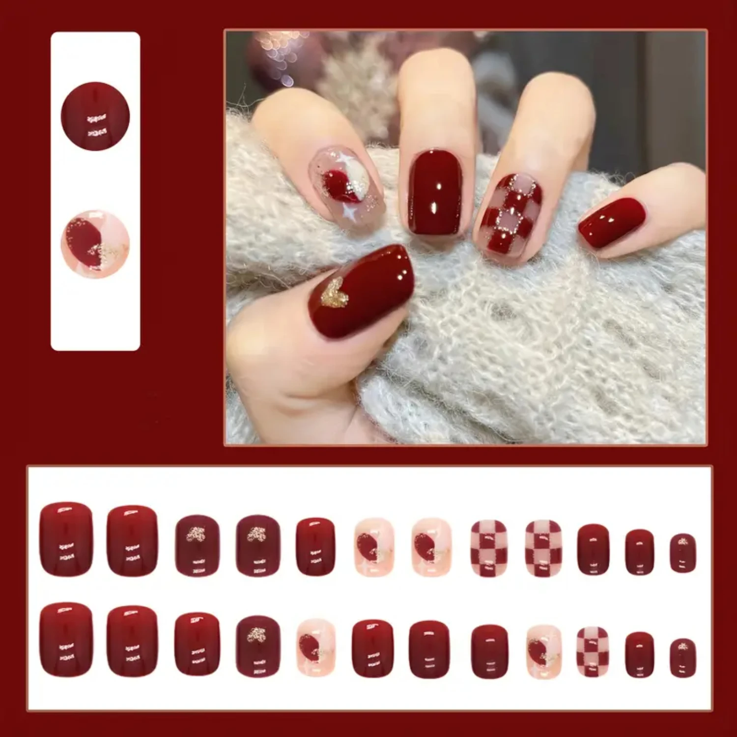 

Ideal Choice for Women And Girls - Sweetness Clear Checkered Heart Acrylic False Nails Set 24 Pcs Full Cover Removable Fake Nail