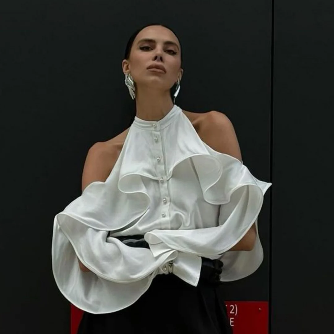 

Women's New French Style Halter Neck Blouse Ruffle Trim Round Neck Cold Shoulder Long Sleeve Elegant White Shirt