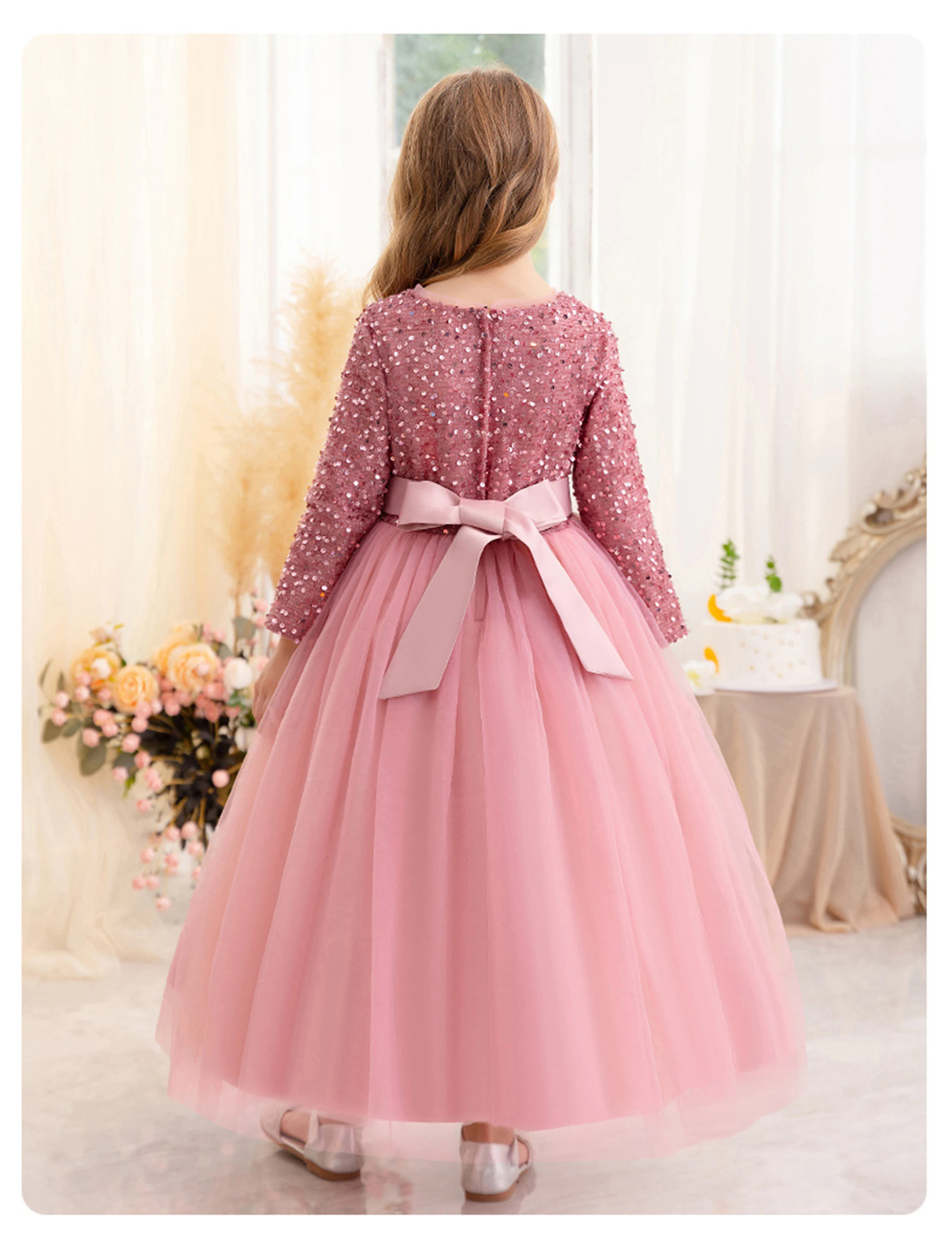 Little Big Girls Winter Long Sleeves Sequined Flower Girl Birthday Party Pageant Holiday Long Dress 23822