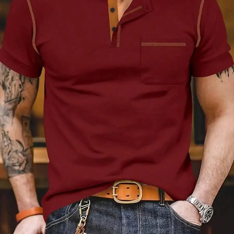 

Mens Henley Short Sleeve T-Shirt Solid Color Casual Cotton Tee