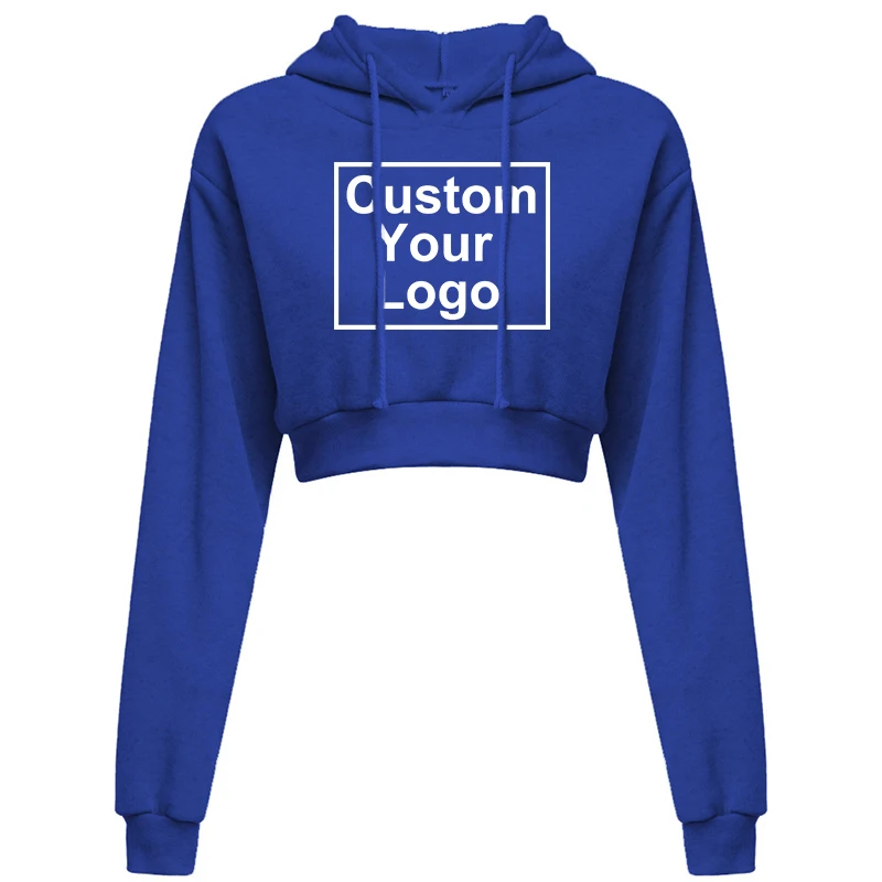 Fashion Women‘s Custom Your Logo Sexy Casual Long Sleeve Hooded Short Sweatshirt Plain Crop Tops Pullover Hooded Sweatshirt