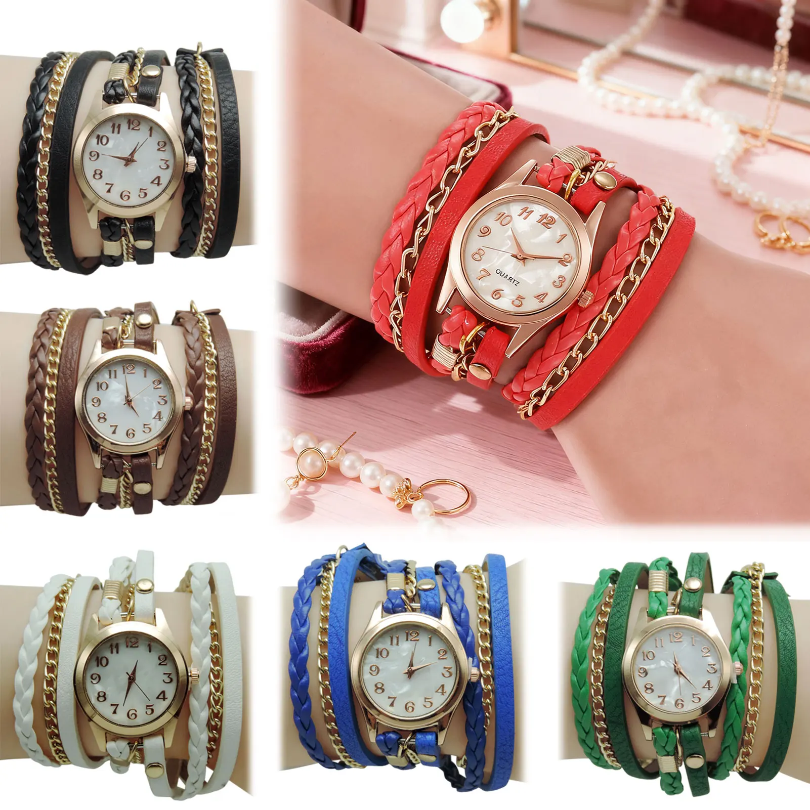 Reloj de pulsera con trenzas para mujer, reloj multicapa Estilo bohemio para mujer, reloj con diseño único de envoltura trenzada, accesorio elegante