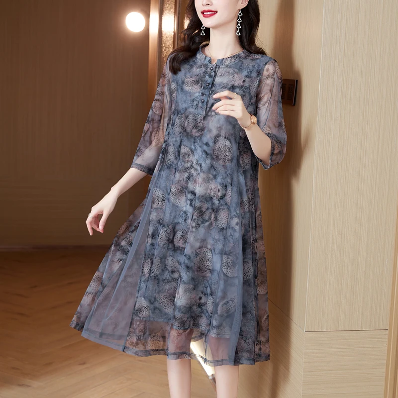 Middle-Rated Women Summer Half-sleeved Fashion elegant dress in line 7 sleeve long dress OP1850