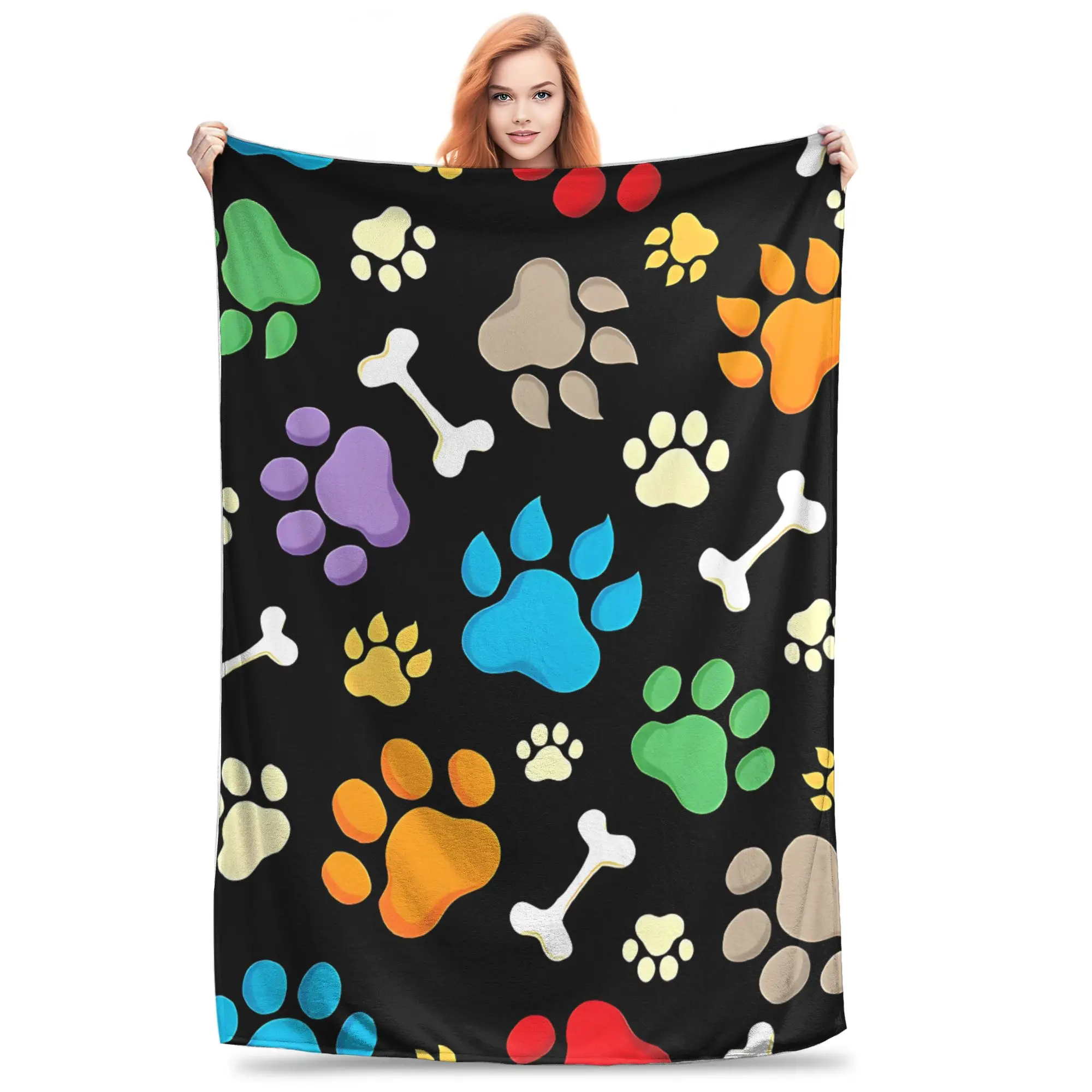1PC Home Cutecore Colorful Dog Paw And Bones Print  Blanket Super Cosy Plush Home Living Room Sofa halloween
