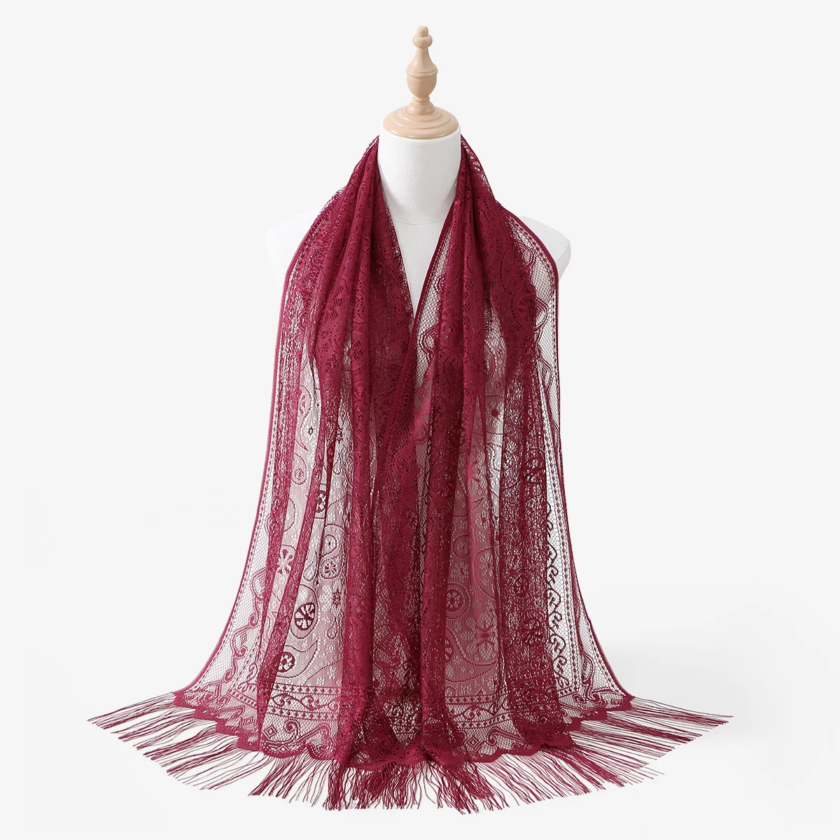 Muslimische Frauen Spitze Schal Schal Elegante Abendkleider Schals Hohl Quaste Schals Wraps Schal Femmal Mesh Garn Hochzeit Schal – Detail 15