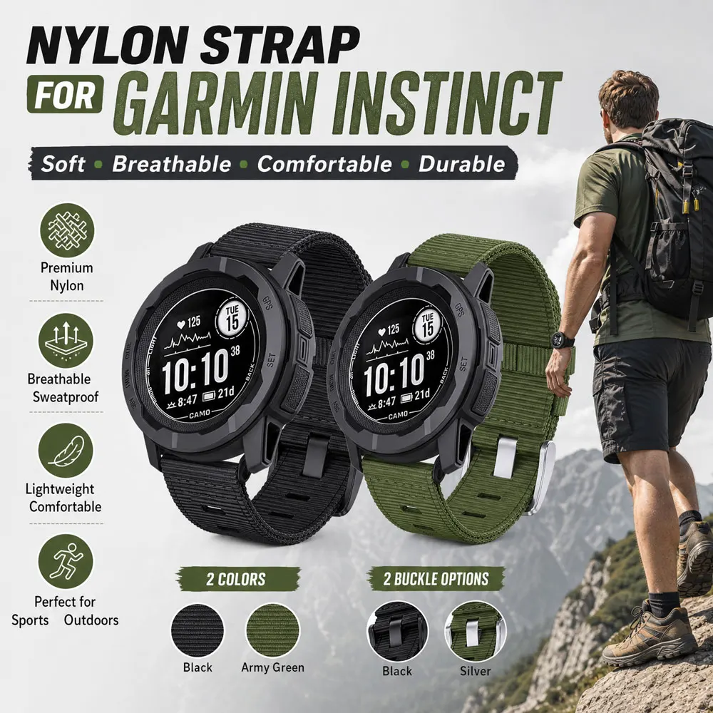 22mm Quick Release Nylon Sport Strap for Garmin Instinct Solar Tactical Tide Esports with Reinforced Thick Spring Bars Wristband