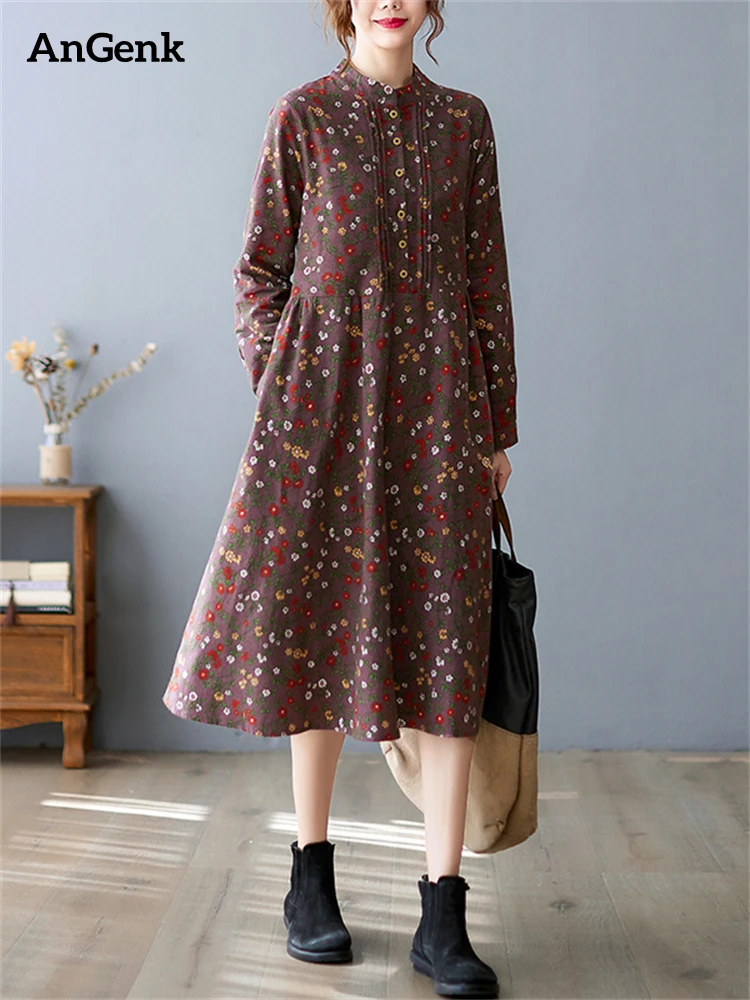 

2022 New Spring Autumn Long Sleeve Vintage Floral Print Cotton Dress For Women Casual Elegant Ladies Dresses Femme Robe Clothing