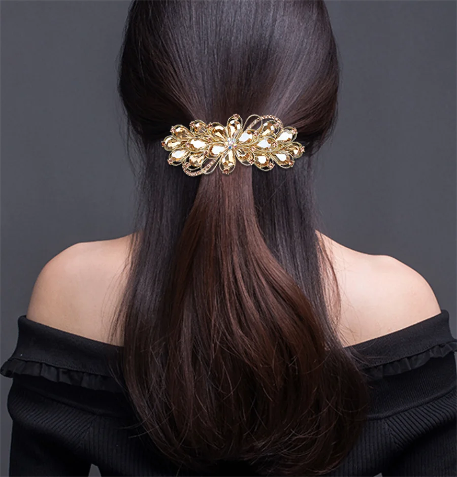 Korean Retro Crystal Flower Spring Hair Clip Vintage Rhinestone Horizontal Clip Top Clip Elegant Mom Fashion Hair Accessories
