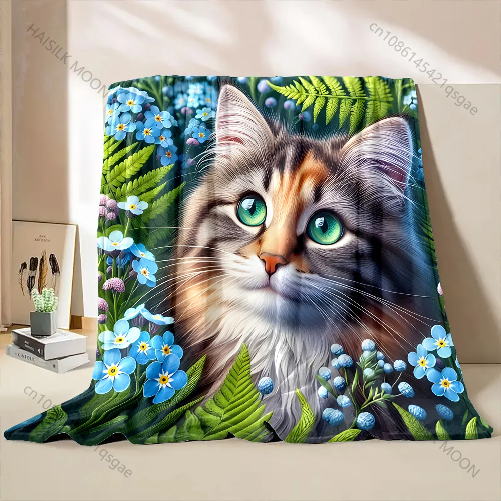 Multi Size Cat Among Blue Flowers Pattern Blanket Flannel Material Soft Warm for All Seasons Home Outdoor Camping Picnics RV