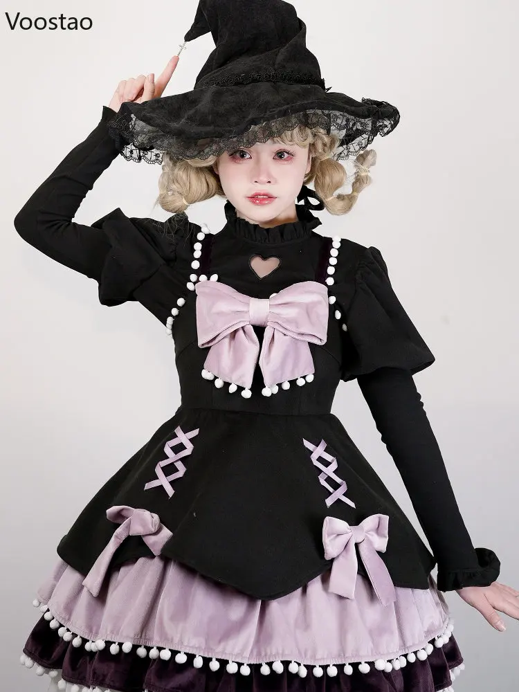 Słodki styl Lolita koszula kobiety śliczne ciepłe Ruffles O-Neck drążą miłość serce słodkie bluzki dziewczyny Harajuku Gothic Y2K wewnątrz topy