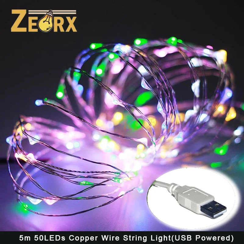 

LED String Lights 5M/50LEDs Silver Wire Fairy Light Christmas Wedding Party Decoration USB Led Strip Lamp Festival Wedding Party