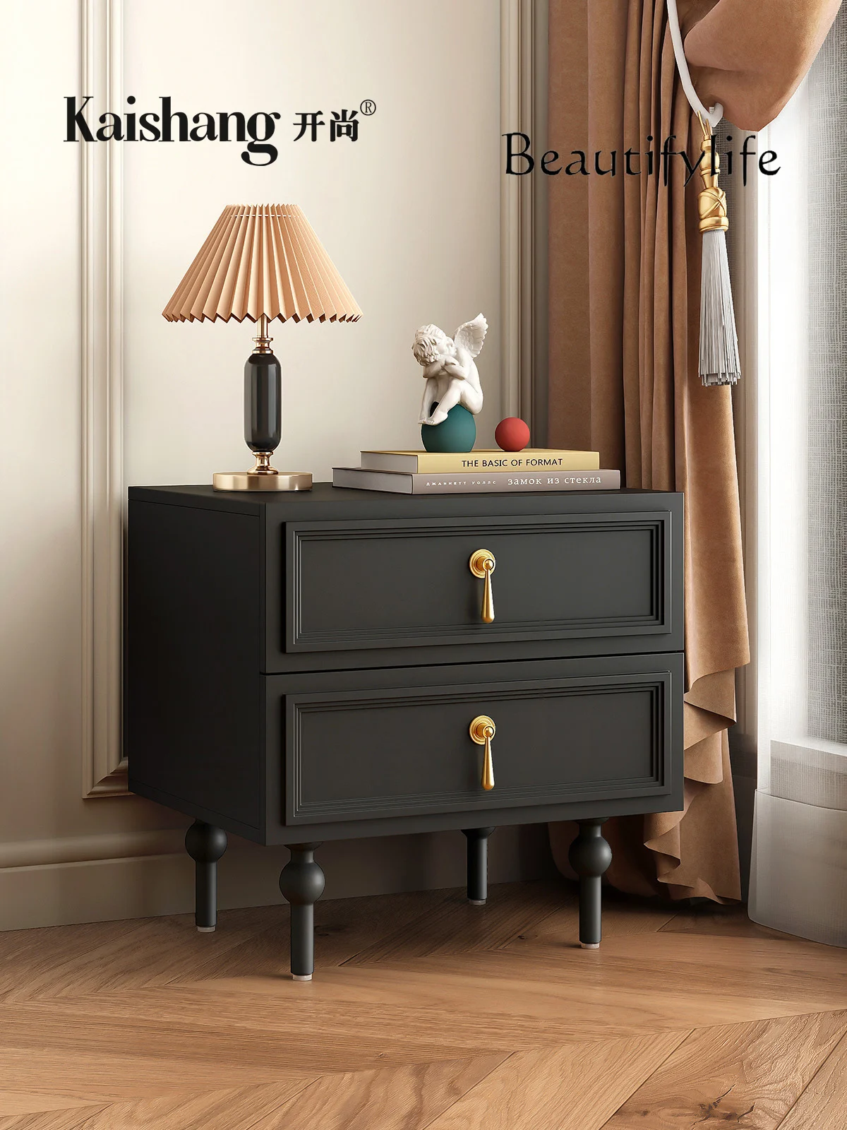 American retro black bedside table modern simple bedroom French bedside table light luxury medieval high-end storage cabinet image 3