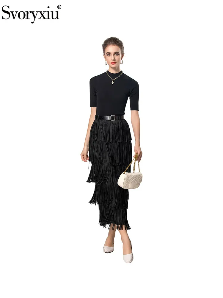 

Svoryxiu Fashion Runway Autumn Midi Skirt Suit Women's Stand Collar Short Sleeve Pullovers+Tassel Buttock Covering Pencil Skirt