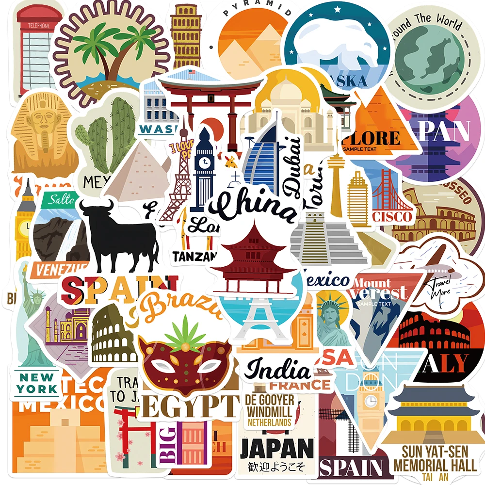 50Pcs World City Landmark Stickers Pack For Scrapbook Stationery Ipad Phone Laptop DIY Cartoon Sticker Journaling Decals