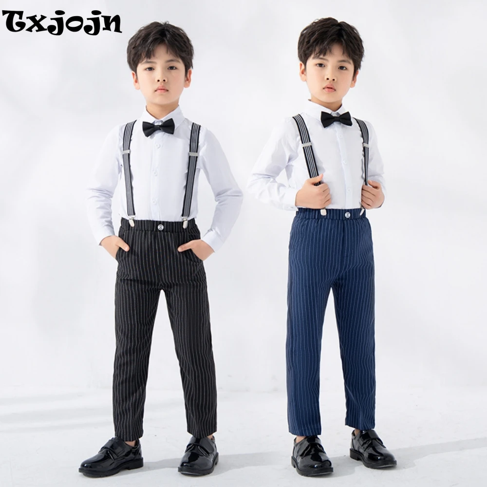 

Children's Fashion Overalls Sets 4 Pieces With Shirt Striped Jumpsuit Bow-tie For Stage Performance Elegant Formal Boys Clothes