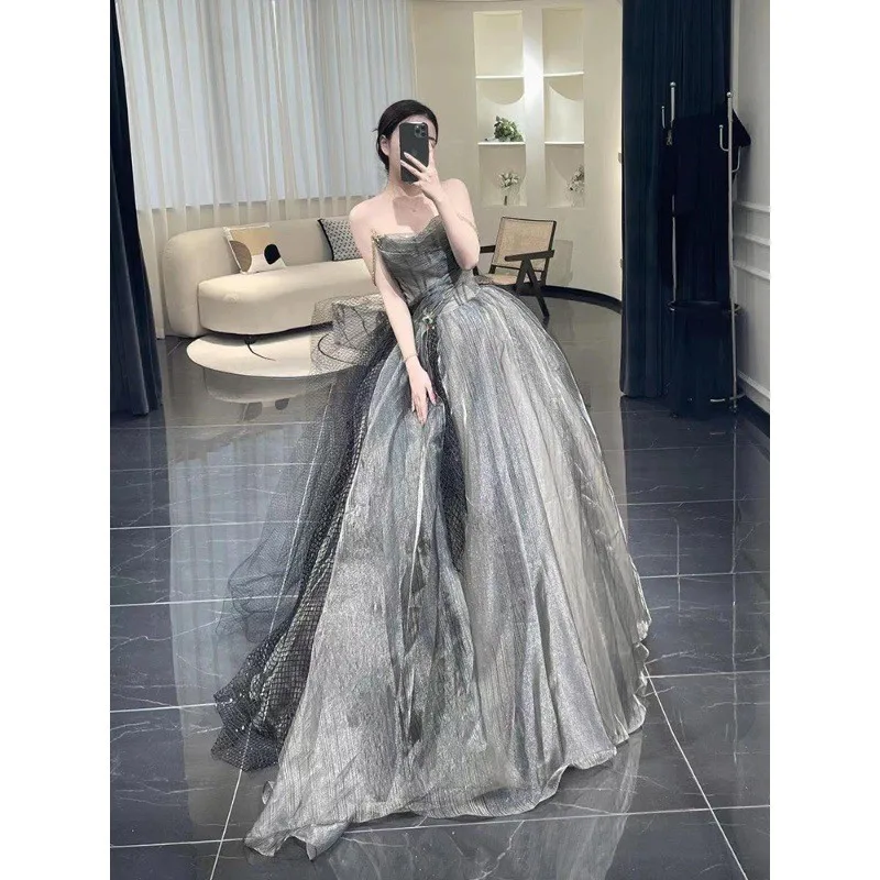 

Black off-the-shoulder dress for banquets elegant host and student coming-of-age ceremony