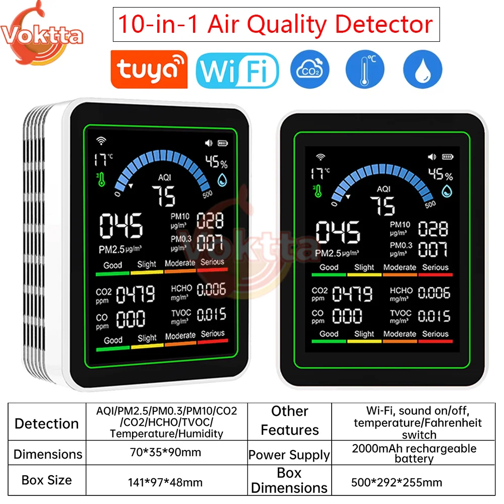 Tuya WiFi 10 في 1 كاشف جودة الهواء CO2 مراقب PM0.3 PM1.0 PM2.5 PM10 كاشف الفورمالديهايد درجة الحرارة والرطوبة متر