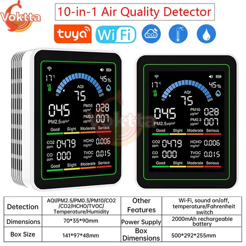 Tuya WiFi 10-in-1 Luftqualitätsdetektor CO2-Monitor PM0,3 PM1,0 PM2,5 PM10 Formaldehyd-Detektor Temperatur- und Feuchtigkeitsmesser