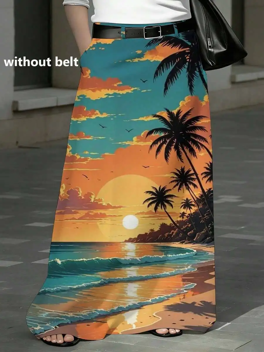 

Plus Size Women Straight Cut Skirt With Pockets Vacation Style Graphic Print Beach Sunset Design Casual Comfortable Wear