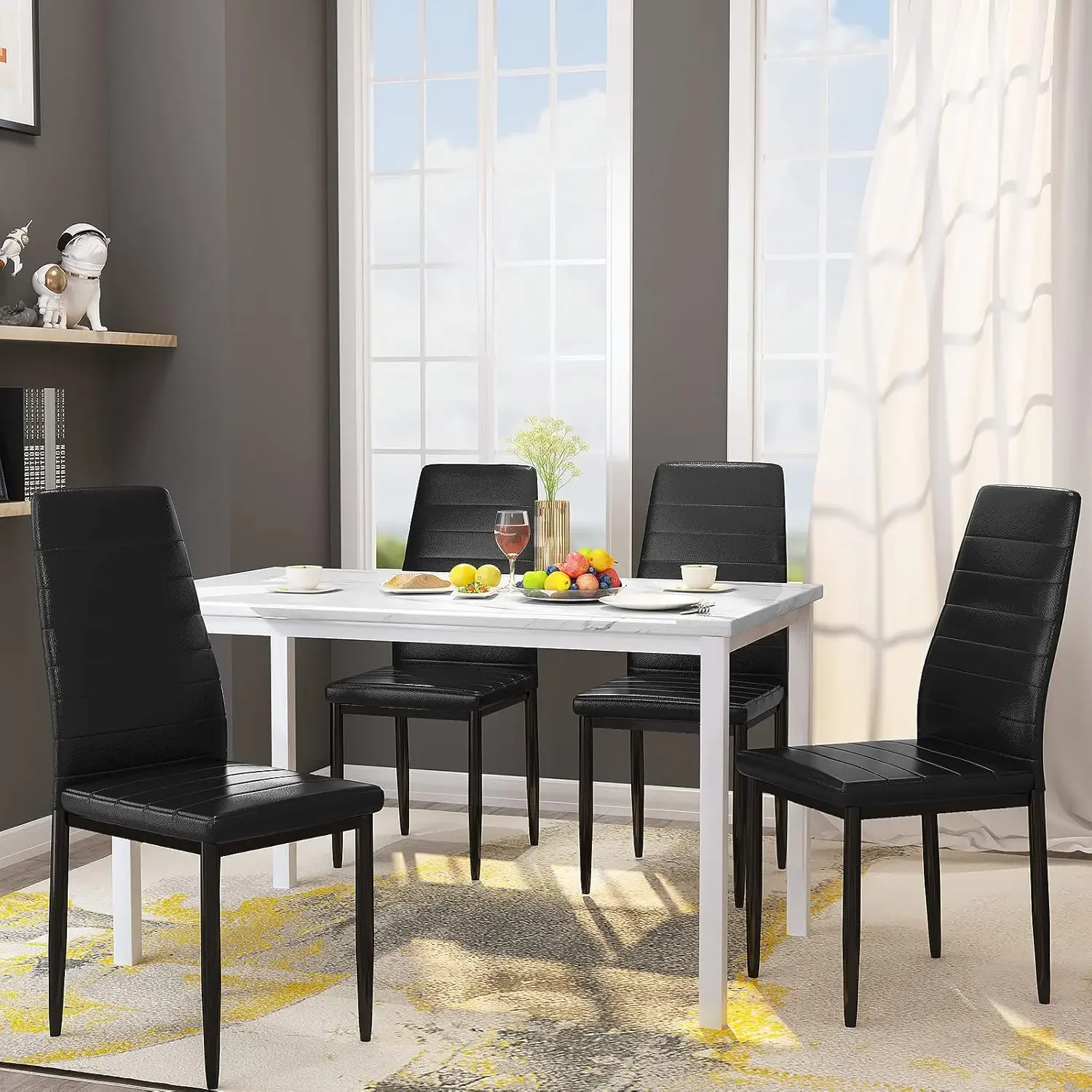 NEW 5 Pieces Dining Table Set for 4 with Faux Marble Top and Leather Upholstered Chairs, White+Black USA image 3