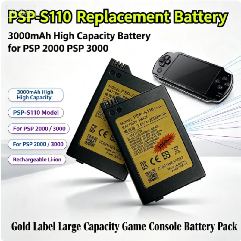 PSP-S110 High Capacity 3000mAh Li-ion Replacement Battery Lasting Rechargeable for Sony PSP2000 PSP3000 Digital Camera Batteries