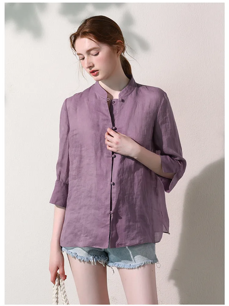 

Ele Thin-Looking Linen irt Women's Summer Loose Svel Top Button-Down Stand-Collar Commute Sle Pure Color