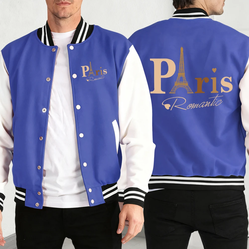 

Paris Romantic Eiffel Tower Print Men'S Baseball Jersey Loose Street Jackets Sport Pocket Vintage Casual Unisex Menswear