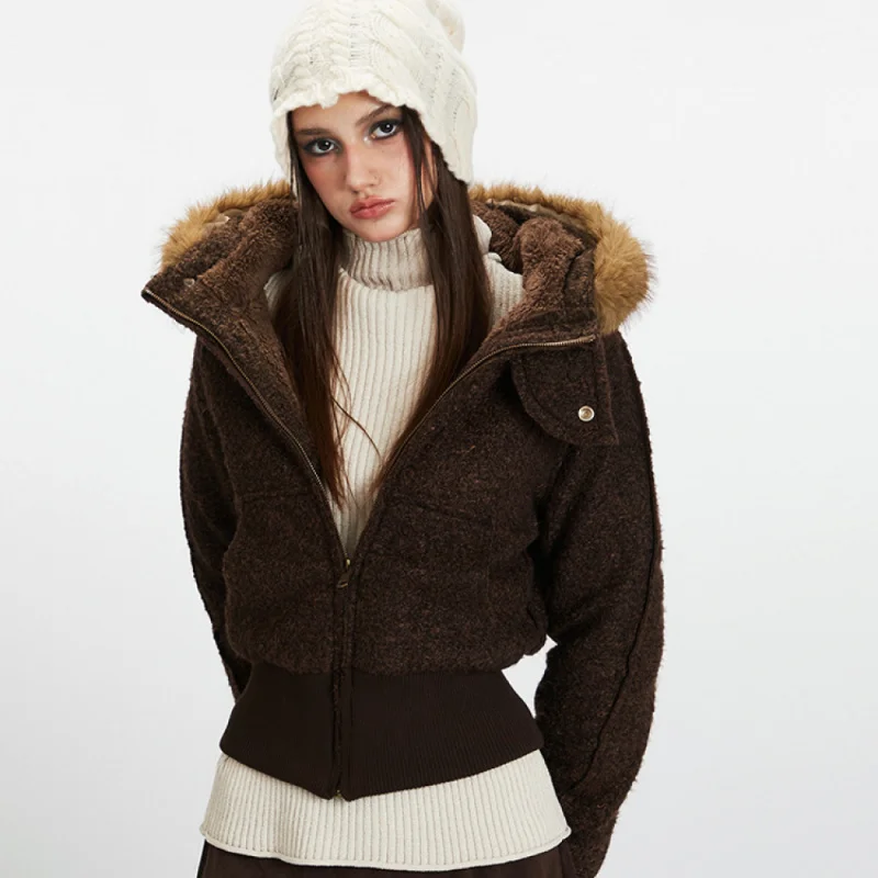 

American Style Winter Fleece Lined Thickened Fur Collar Jacket for Women Short Warm Hooded Vintage Cotton Coat