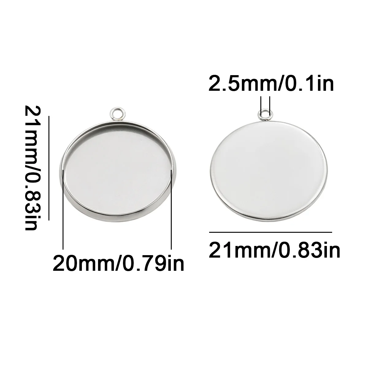 20mm 10pcs Steel Color Stainless Steel Single Bail Round Disc Blank Bezel Pendant Trays For Handmade Bracelet Necklace Craft