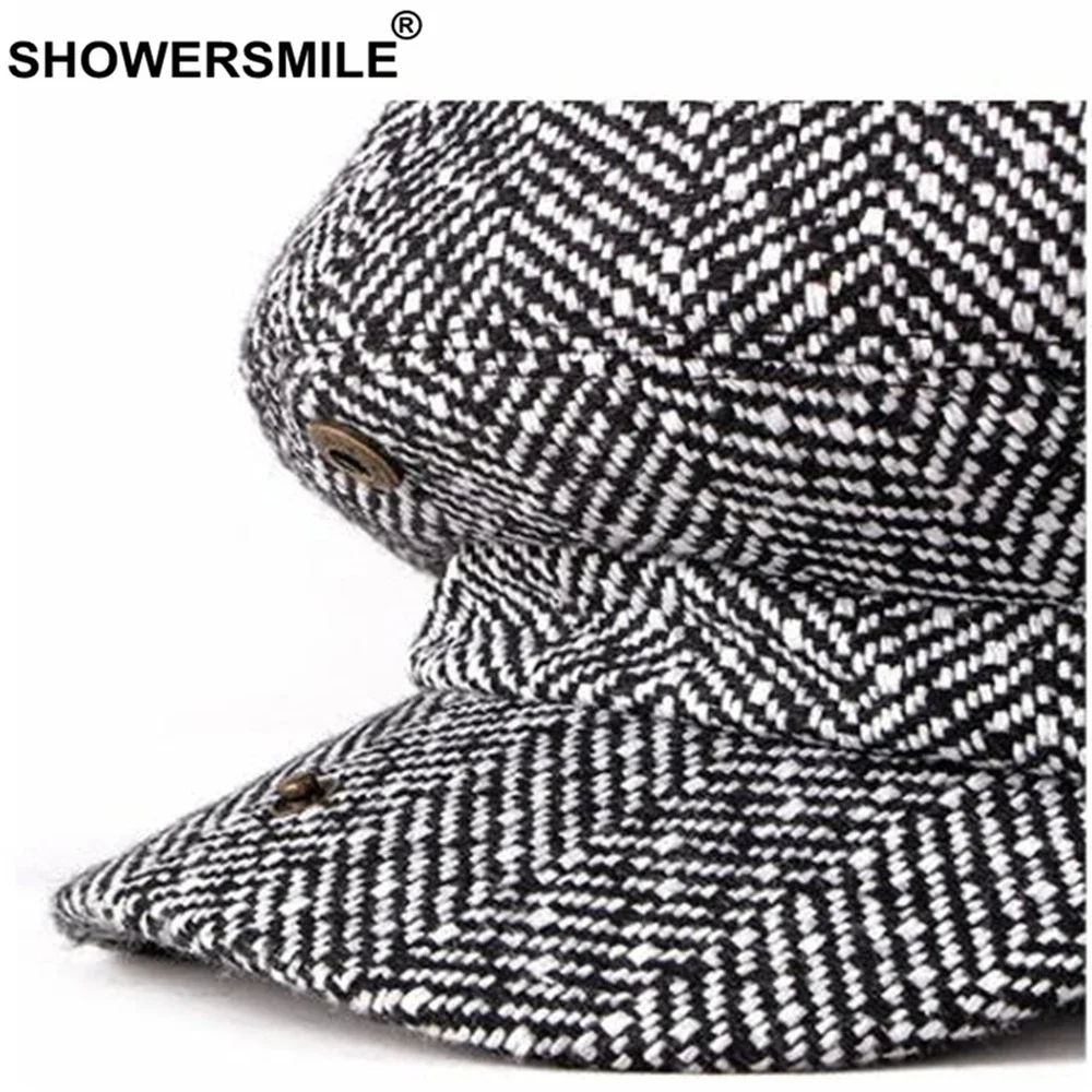 SHOWERSMILE-Casquette gavroche pour hommes et femmes, casquette Ascot en coton, casquette plate unisexe octogonale décontractée, style britannique pointu, noir et blanc