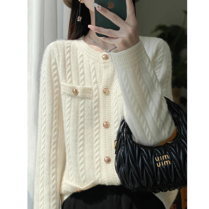 100% Merino Wool Cardigan Women\'s Round Neck Thick Autumn Winter Fashion Solid Color Pocket Elegant Knitted Jacket Sweater Top