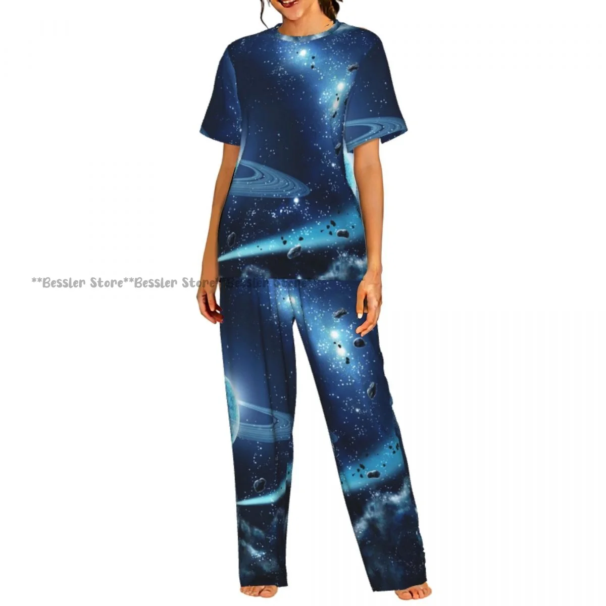 

Женский комплект из 2 предметов: пижама с принтом планет, звезд и галактик в космосе, топ с короткими рукавами и брюки, одежда для сна