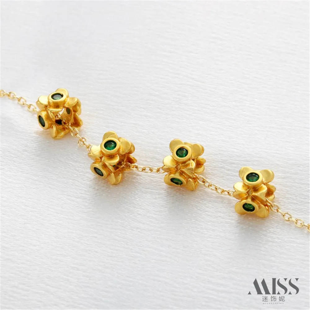 18K Gold-wrapped Color Ancient Matte Gold Four-sided Flower Inlaid Green Zirconium Square Bead DIY Bracelet Jewelry Accessories